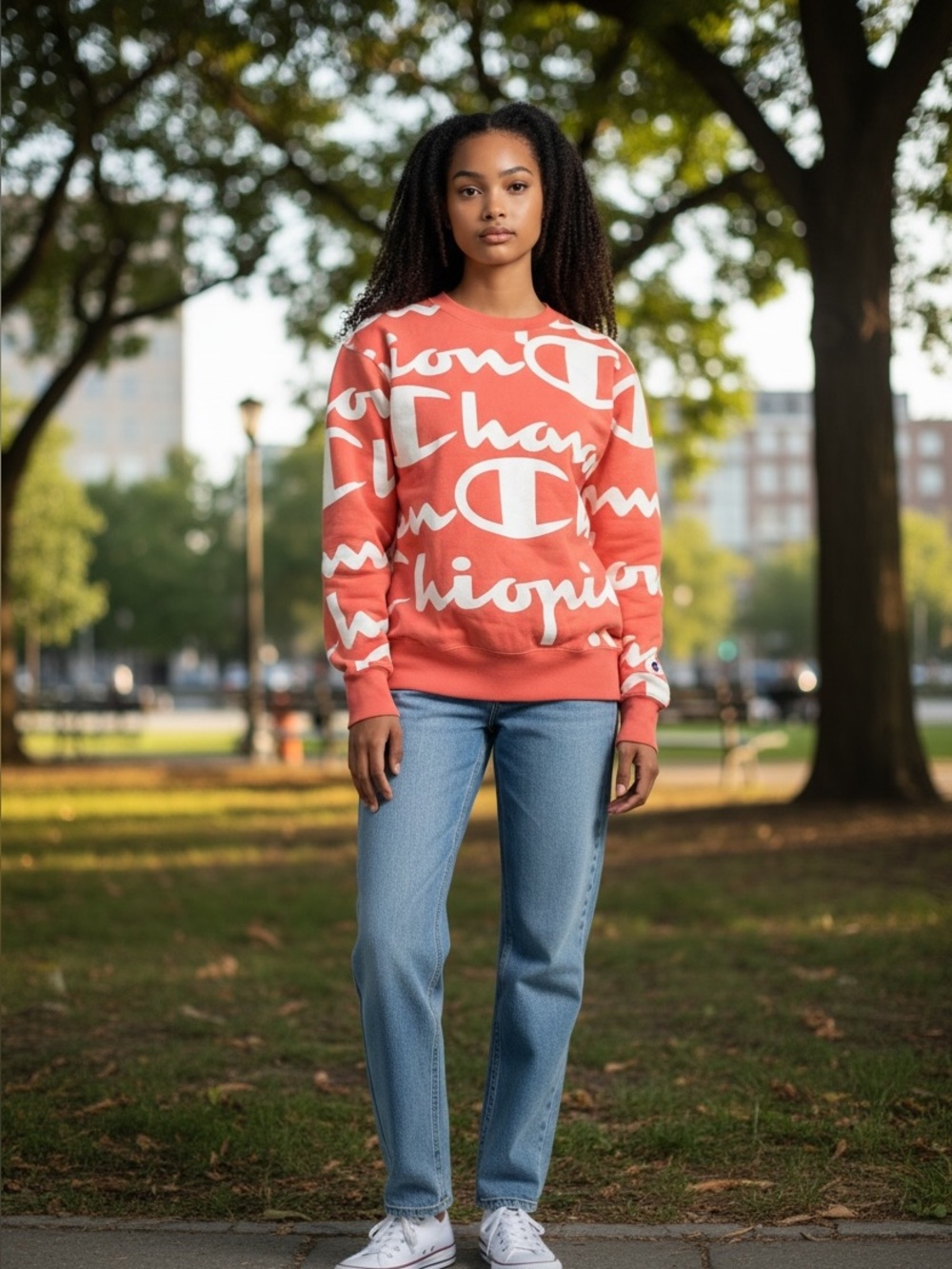Champion Reverse Weave All Over Script Logo Crewneck Sweatshirt Pink